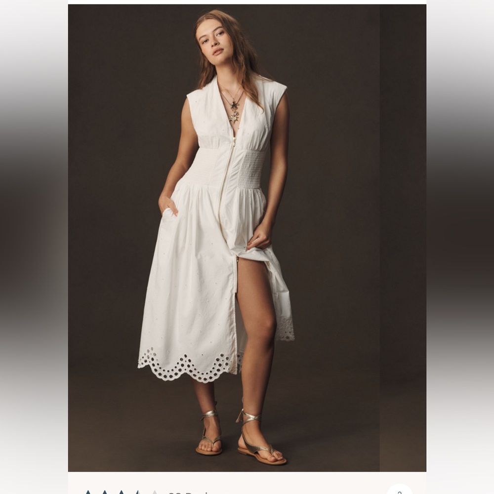 Anthropologie:Tommie Cap Slv Smocked Front Zip Shirt Dress Eyelet Trim Edition